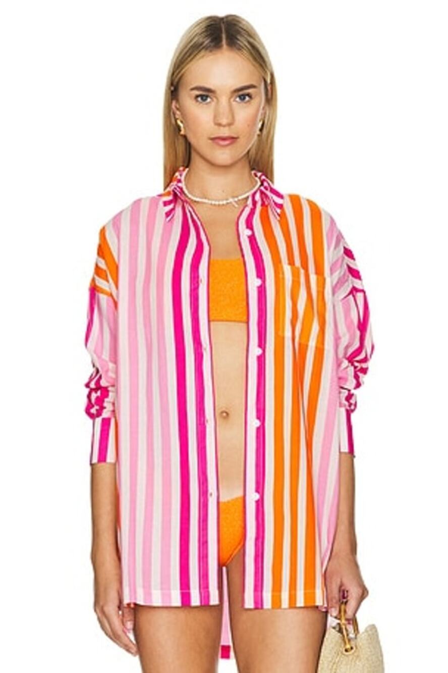 Beach Riot Alexa Top Sunset Stripe Oversized Button-Up Shirt 100% Cotton (L/XL)